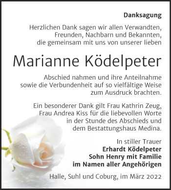Traueranzeige von Marianne Ködelpeter von Mitteldeutsche Zeitung Halle/Saalkreis