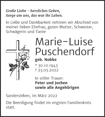 Traueranzeige von Marie-Luise Puschendorf von Trauerkombi Mansfelder Land