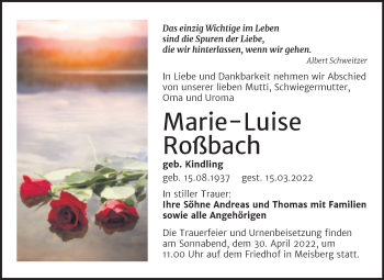 Traueranzeige von Marie-Luise Roßbach von Trauerkombi Mansfelder Land