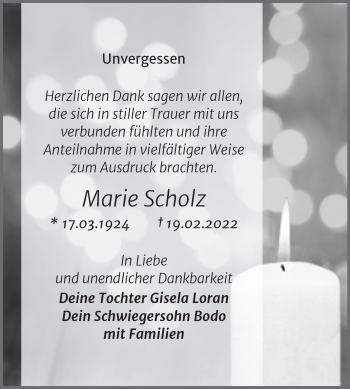 Traueranzeige von Marie Scholz von Trauerkombi Wittenberg