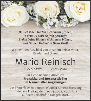 Traueranzeige von Mario Reinisch von Trauerkombi Bitterfeld