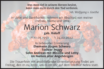 Traueranzeige von Marion Schwarz von Trauerkombi Merseburg