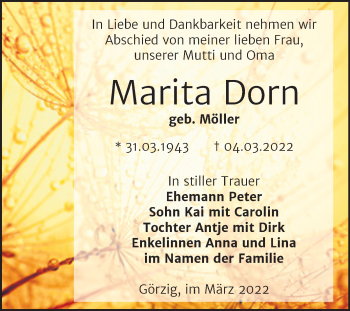 Traueranzeige von Marita Dorn von Trauerkombi Köthen