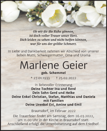 Traueranzeige von Marlene Geier von Trauerkombi Wittenberg