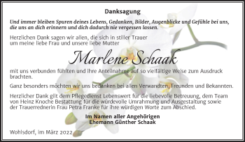 Traueranzeige von Marlene Schaak von Trauerkombi Bernburg