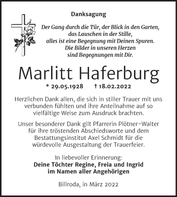 Traueranzeige von Marlitt Haferburg von Wochenspiegel Naumburg/Nebra