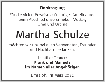 Traueranzeige von Martha Schulze von Trauerkombi Sangerhausen