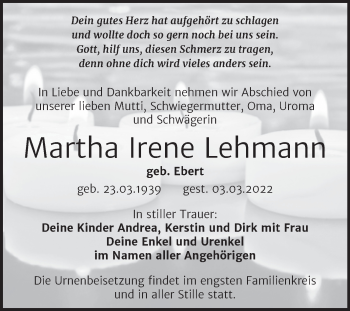 Traueranzeige von Martha Irene Lehmann von Trauerkombi Bitterfeld