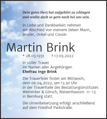 Traueranzeige von Martin Brink von Trauerkombi Bernburg