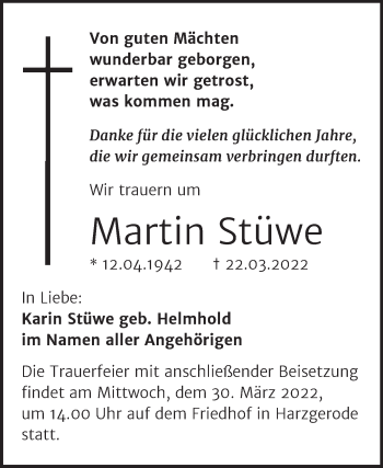Traueranzeige von Martin Stüwe von Trauerkombi Quedlinburg