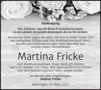 Traueranzeige von Martina Fricke von Trauerkombi Aschersleben