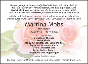 Traueranzeige von Martina Mohs von Wochenspiegel Naumburg/Nebra