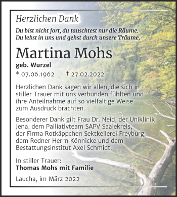 Traueranzeige von Martina Mohs von Wochenspiegel Naumburg/Nebra