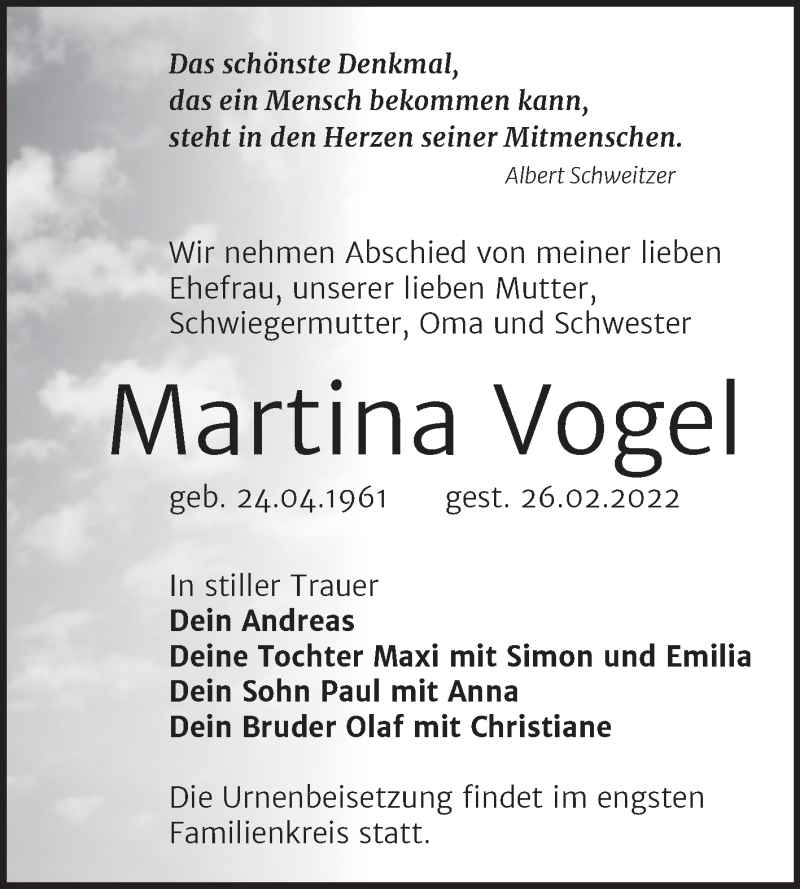  Traueranzeige für Martina Vogel vom 05.03.2022 aus Trauerkombi Wittenberg