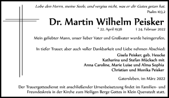 Traueranzeige von Martin Wilhelm Peisker von Trauerkombi Aschersleben