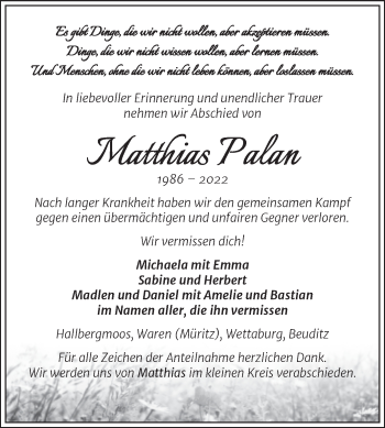 Traueranzeige von Matthias Palan von Naumburger Tageblatt