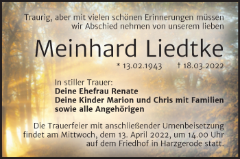 Traueranzeige von Meinhard Liedtke von Trauerkombi Quedlinburg