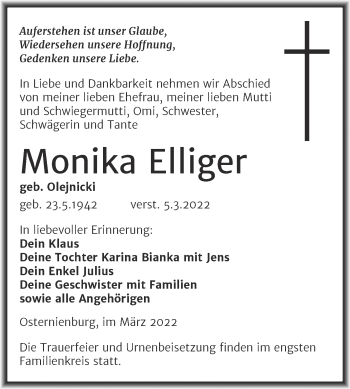 Traueranzeige von Monika Elliger von Trauerkombi Köthen