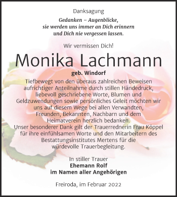 Traueranzeige von Monika Lachmann von Wochenspiegel Naumburg/Nebra