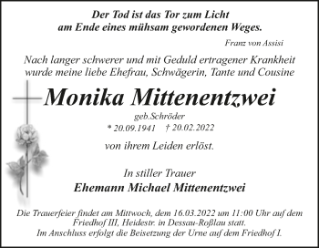 Traueranzeige von Monika Mittenentzwei von Trauerkombi Dessau