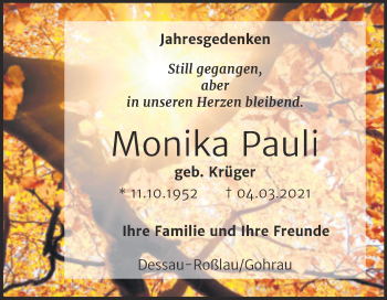 Traueranzeige von Monika Pauli von Trauerkombi Dessau