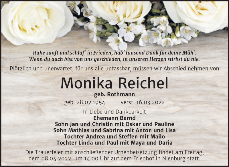  Traueranzeige für Monika Reichel vom 26.03.2022 aus Trauerkombi Bernburg
