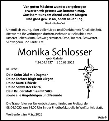 Traueranzeige von Monika Schlosser von Trauerkombi Weißenfels