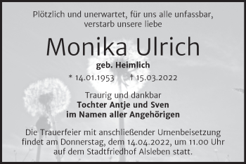 Traueranzeige von Monika Ulrich von Trauerkombi Bernburg