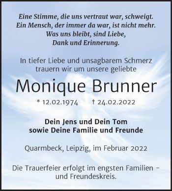 Traueranzeige von Monique Brunner von Trauerkombi Quedlinburg