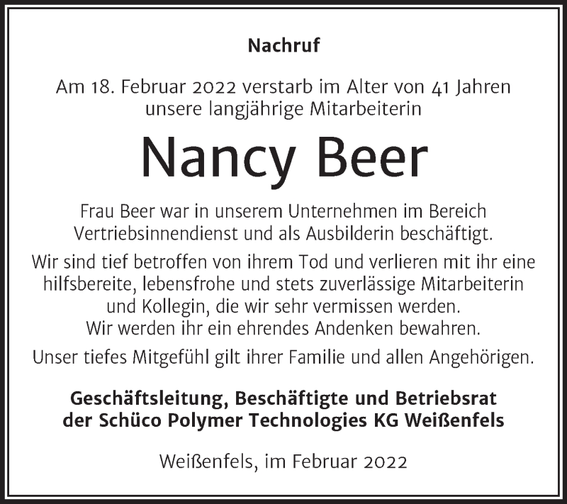 Traueranzeige für Nancy Beer vom 12.03.2022 aus Naumburger Tageblatt