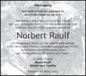 Traueranzeige von Norbert Raulf von Trauerkombi Mansfelder Land