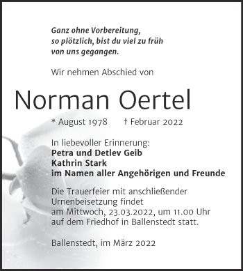Traueranzeige von Norman Oertel von Trauerkombi Quedlinburg