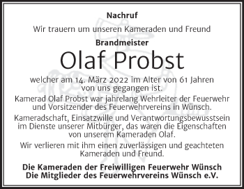 Traueranzeige von Olaf Probst von Trauerkombi Merseburg