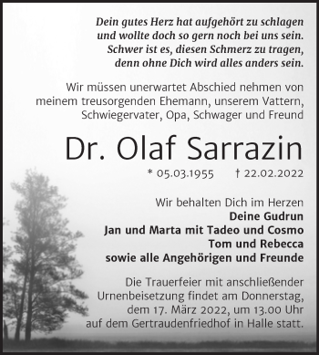 Traueranzeige von Olaf Sarrazin von Mitteldeutsche Zeitung Halle/Saalkreis