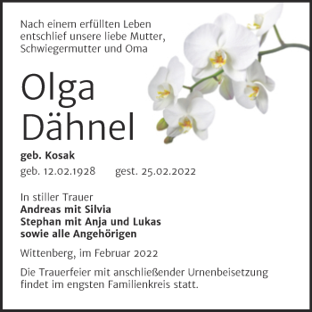 Traueranzeige von Olga Dähnel von Trauerkombi Wittenberg