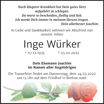Traueranzeige von Onge Würker von Trauerkombi Bitterfeld