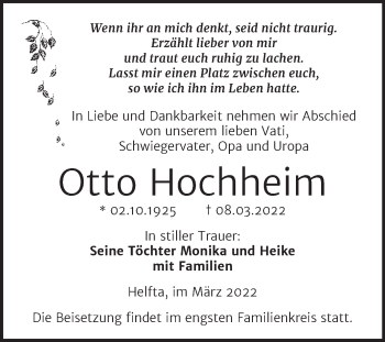 Traueranzeige von Otto Hochheim von Trauerkombi Mansfelder Land