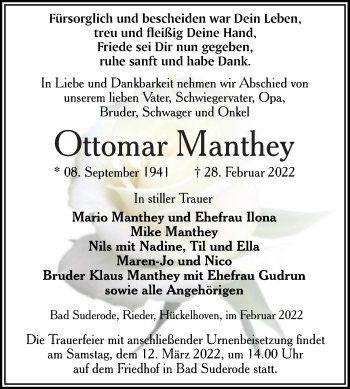 Traueranzeige von Ottomar Manthey von Trauerkombi Quedlinburg