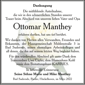Traueranzeige von Ottomar Manthey von Trauerkombi Quedlinburg