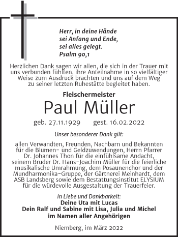 Traueranzeige von Paul Müller von Mitteldeutsche Zeitung Halle/Saalkreis