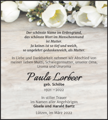 Traueranzeige von Paula Lorbeer von Trauerkombi Weißenfels