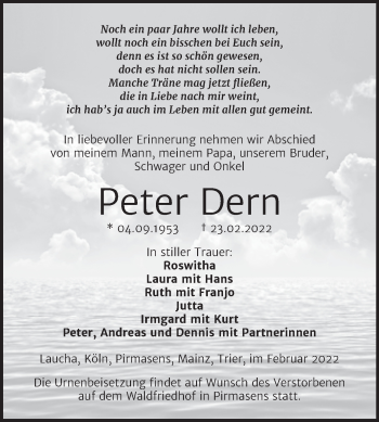 Traueranzeige von Peter Dern von Wochenspiegel Naumburg/Nebra