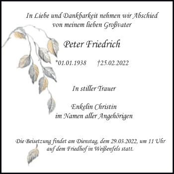 Traueranzeige von Peter Friedrich von Trauerkombi Weißenfels