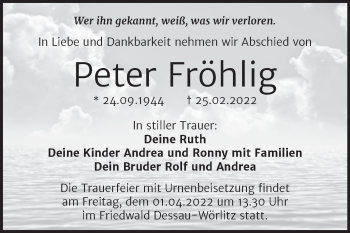 Traueranzeige von Peter Fröhlig von Trauerkombi Köthen