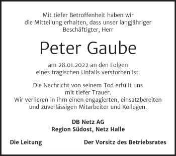 Traueranzeige von Peter Gaube von Mitteldeutsche Zeitung Merseburg/Querfurt