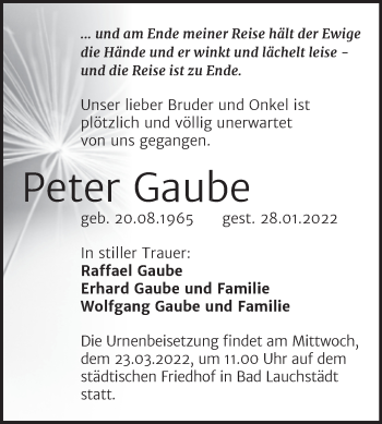 Traueranzeige von Peter Gaube von Mitteldeutsche Zeitung Merseburg/Querfurt