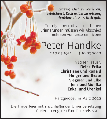 Traueranzeige von Peter Handke von Trauerkombi Quedlinburg