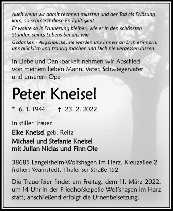 Traueranzeige von Peter Kneisel von Mitteldeutsche Zeitung Quedlingburg