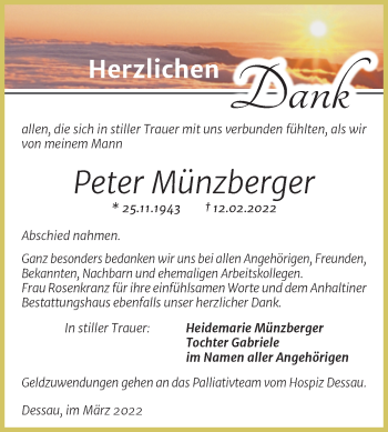Traueranzeige von Peter Münzberger von Trauerkombi Dessau