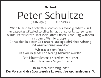 Traueranzeige von Peter Schultze von Trauerkombi Aschersleben